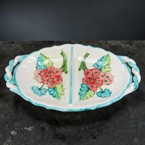 Hand Made Italian Pottery‎ Double Sided Tray Dish Dip Bowl With Handles Italy